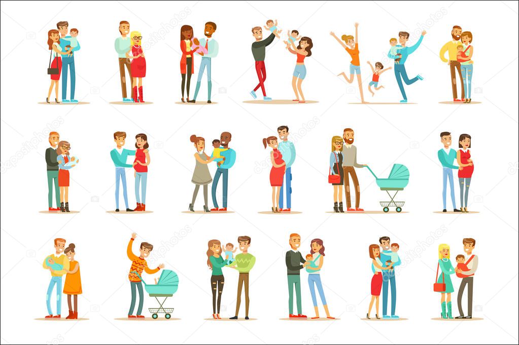 Young And Expecting Parents With Small Babies And Toddlers Set Of Happy Full Family Portraits. Smiling Cartoon Characters, Mom, Dad And Infants Together Vector Illustrations.