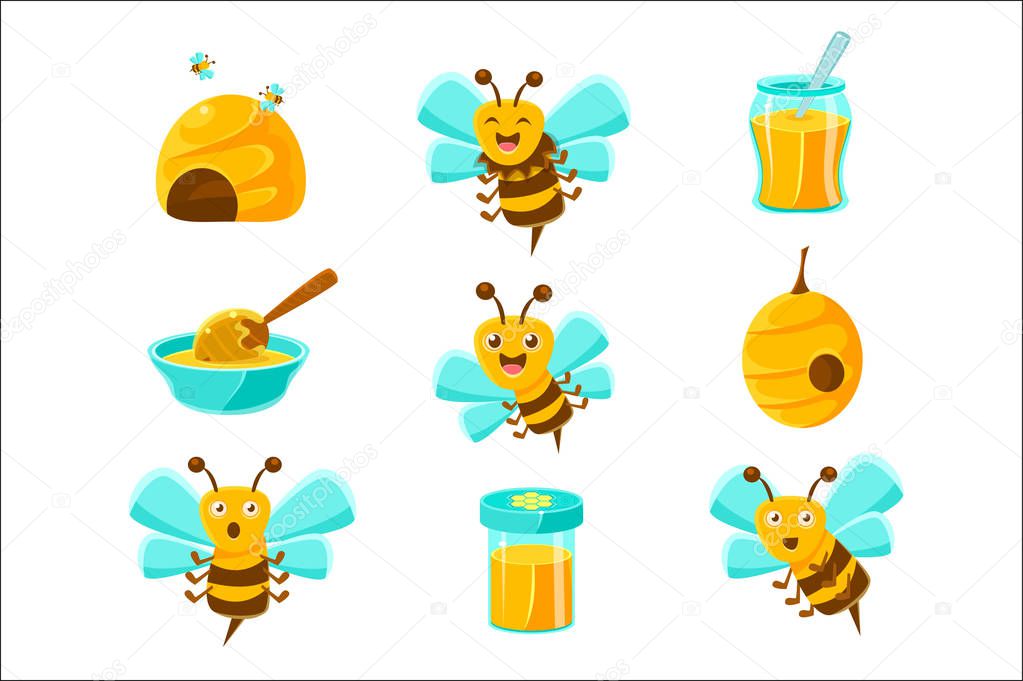 Honey Bees, Beehives And Jars With Yellow Natural Honey Set Of Colorful Cartoon Illustrations.