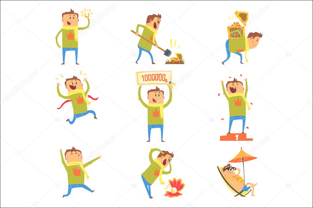 Lucky Man Having Good Luck And Sudden Stroke Of Fortune Series Of Comic Vector Illustrations
