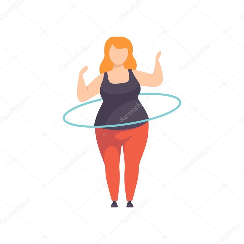 Fat girl spinning the hula hoop around the waist, obesity woman wearing sports uniform doing fitness exercise, weight loss program concept vector Illustration