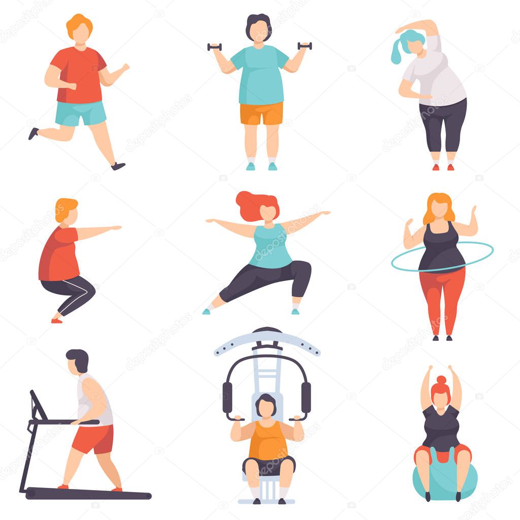 Obesity people wearing sports uniform doing fitness exercises set, fat men and women doing sports, weight loss program concept vector Illustration on a white background
