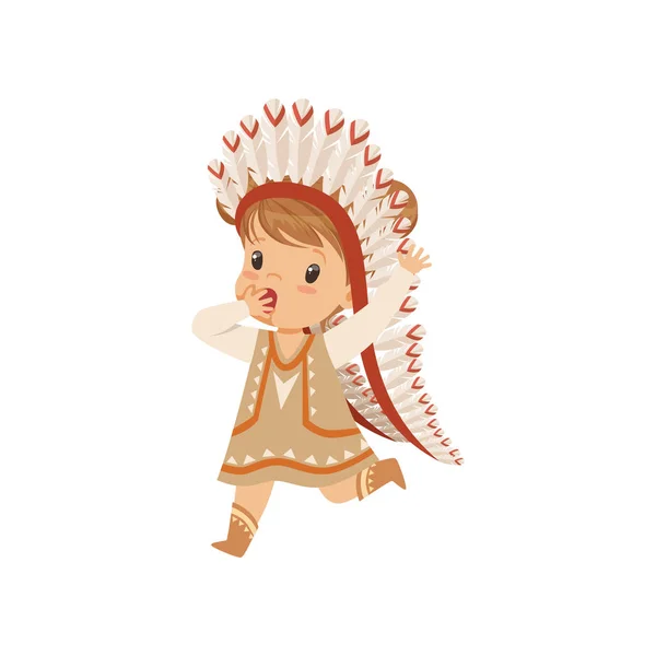 Fille portant un costume indien indigène et coiffure ayant du plaisir, enfant jouant en vecteur indien américain Illustration sur un fond blanc — Image vectorielle