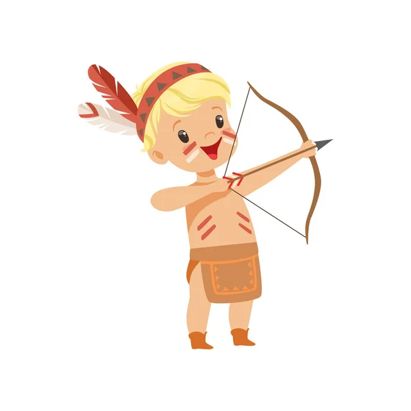 Boy wearing native Indian costume and headdress shooting a bow, kid playing in American Indian vector Illustration on a white background — Stock Vector
