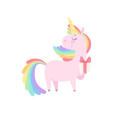 Hediye kutusu, gökkuşağı saç vektör çizim beyaz bir arka plan ile şirin fantezi hayvan karakter tutan güzel tek boynuzlu at