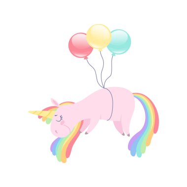 Gökkuşağı saç vektör çizim beyaz bir arka plan ile hayvan karakter sevimli fantezi renkli balonlar ile uçan güzel tek boynuzlu at