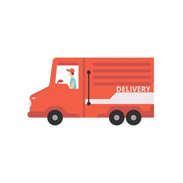 Rode vracht levering van met courier, snelle verzending concept vector illustratie op een witte achtergrond — Stockvector