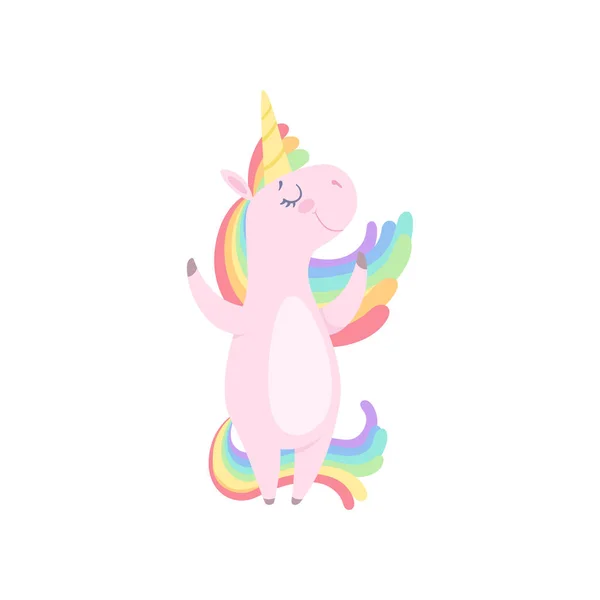 可爱的独角兽站在两条腿上, 可爱的幻想动物字符与彩虹头发矢量插图白色背景 — 图库矢量图片