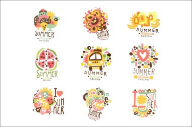 Yaz tatili etiket tasarımı için ayarlayın. Yolculuk, Macera, plaj, deniz renkli vektör çizimler