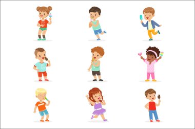 Sevimli küçük çocuklar dondurma yemek. Mutlu çocuklar ile onların dondurma yeme keyfini. Ayrıntılı renkli çizimler karikatür