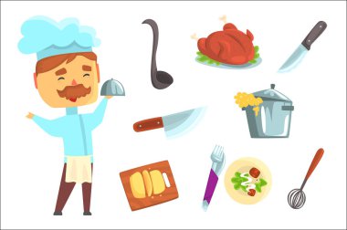 Gülümseyen Şef. Mutfak aletleri ve farklı yemekler etiket tasarımı için ayarla. Renkli karikatür çizimler ayrıntılı