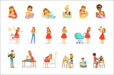 Anne ve reklam etiket tasarımı için ayarla çocuklarının iyi bak. Renkli çizgi film karakterleri