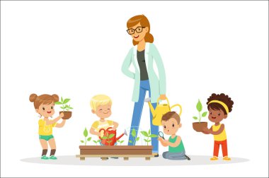 Öğretmen çocuklarla biyoloji ders sırasında bitkiler hakkında öğrenme. Beyaz arka plan üzerinde izole ayrıntılı renkli çizimler karikatür