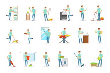 Yıkama, yemek, temizlik ve alışveriş househusbands gülümseyerek. Renkli karikatür detaylı vektör çizimler kümesi