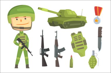 Asker ve profesyonel ordu silah, etiket tasarımı için ayarla. Renkli karikatür çizimler ayrıntılı
