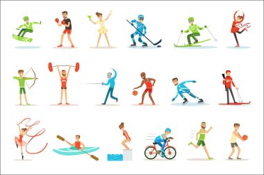 Yarışmaya katılan sportif üniformalı çizgi film karakterleri farklı olimpik spor yetişkin insanlar kümesi