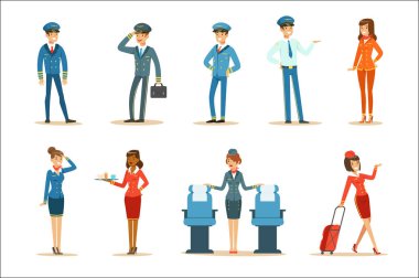 Ticari uçuş kurulu mürettebat uçak, hostes ve pilotlar üzerinde çalışan hava ulaşım uzmanları topluluğu. Gülümseyen insanlar havayolu için çalışma çizgi kahramanlar Tekdüzen vektör