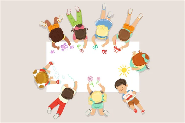 Lindos niños mintiendo y dibujando sobre papel grande. Dibujos animados ilustración colorida detallada — Vector de stock
