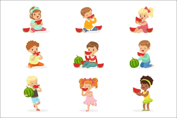 Śliczne małe dzieci jedzenie arbuza. Zdrowe jedzenie, przekąski, dla dzieci. Kreskówka szczegółowe ilustracje kolorowe — Wektor stockowy