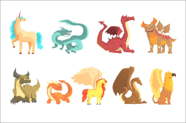 Mythologische dieren, instellen voor labelontwerp. Dragon, Eenhoorn, pegasus, griffin, cartoon gedetailleerde illustraties — Stockvector