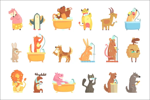 Schattige dieren Baden en wassen in water, instellen voor labelontwerp. Hygiëne en verzorging, cartoon gedetailleerde illustraties — Stockvector