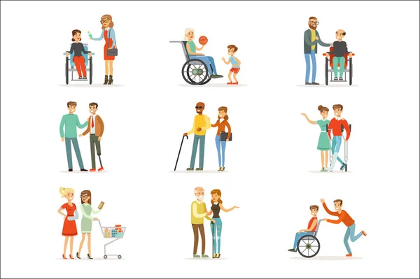 Engelli İnsanlar ve onlara set etiket tasarımı için yardım arkadaşlar. Ayrıntılı renkli çizimler karikatür — Stok Vektör