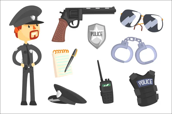 Zawodowego policjanta i jego narzędzia, człowiek i jego zestaw atrybutów zawodu kreskówka na białym tle obiektów — Wektor stockowy