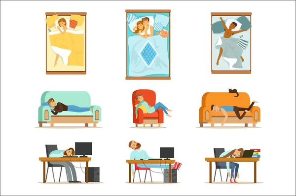 People Sleeping In Different Positions At Home And At Work, Tired Characters Getting To Sleep Set Of Illustrations — Stock Vector