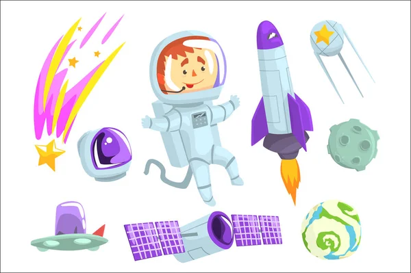 Astronautas en el espacio, listos para el diseño de etiquetas. Exploración del cosmos dibujos animados de colores ilustraciones detalladas — Vector de stock