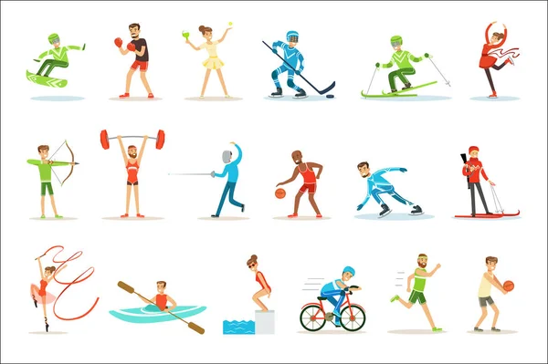 Erwachsene Menschen, die verschiedene olympische Sportarten ausüben, spielen Zeichentrickfiguren in sportlicher Uniform, die am Wettbewerb teilnehmen — Stockvektor