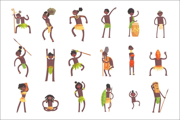 Membres de la tribu africaine, guerriers et civils en pagne de feuilles Ensemble de personnages de dessins animés souriants — Image vectorielle