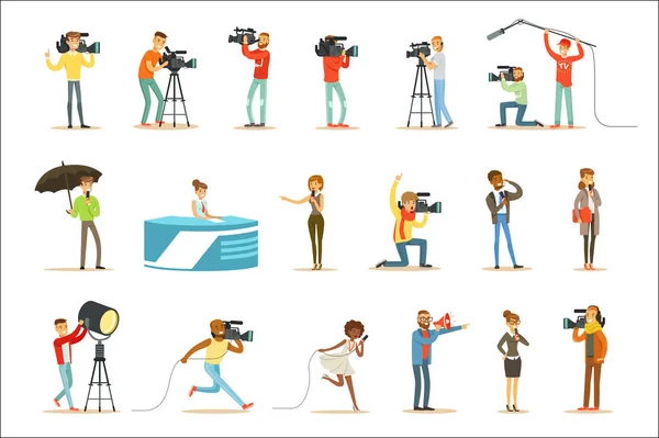 Programme de nouvelles Équipage de cameramans professionnels et journalistes Création TV Diffusion d'un téléviseur en direct de personnages de bande dessinée — Image vectorielle