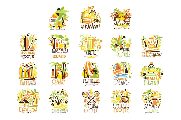 Мадагаскар, Крит, Балі, Сейшельські острови, Ібіца, Ямайка курорт набір для Дизайн етикетки. Літній пляжний туризм і відпочинок Векторні ілюстрації — стоковий вектор