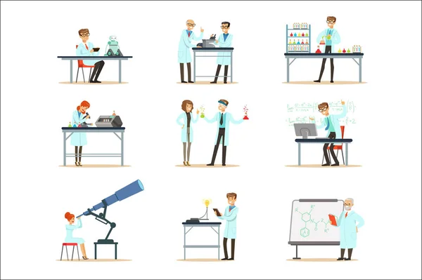 Scientists At Work In A Lab And An Office Set Of Smiling People Working In Academic Science Doing Scientific Research — Stock Vector