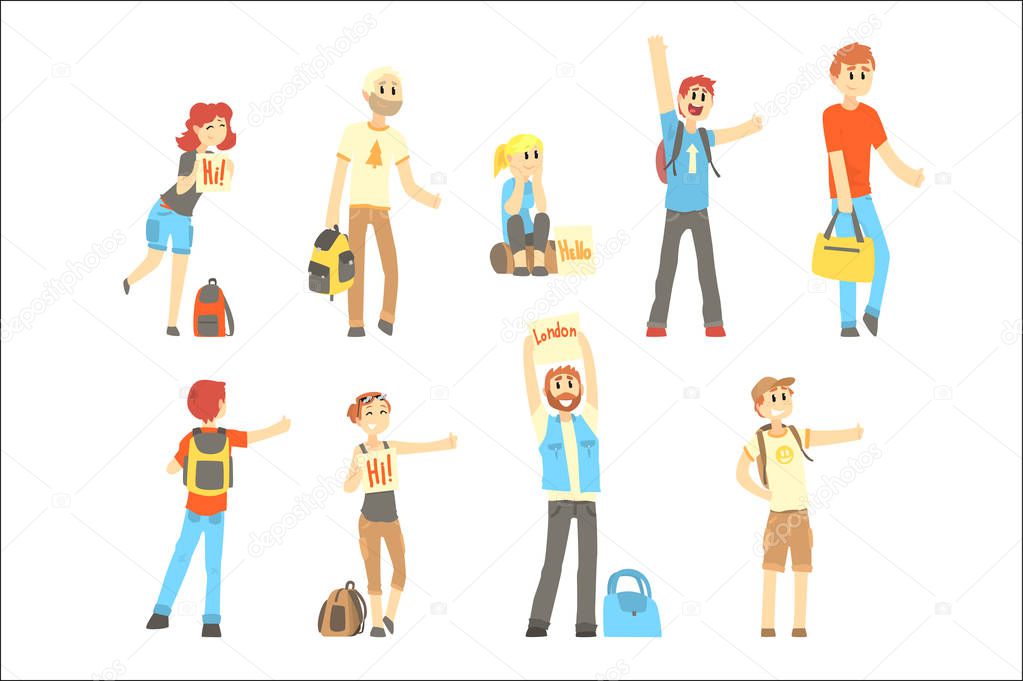 Hitchhiker standing with backpack and bag, set for label design. Cartoon detailed colorful Illustrations