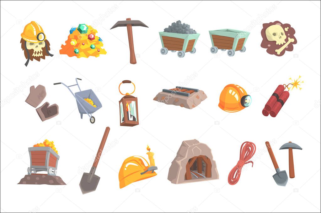 Gold mining, set for label design. Mining equipment, wild west. Colorful cartoon detailed vector Illustrations