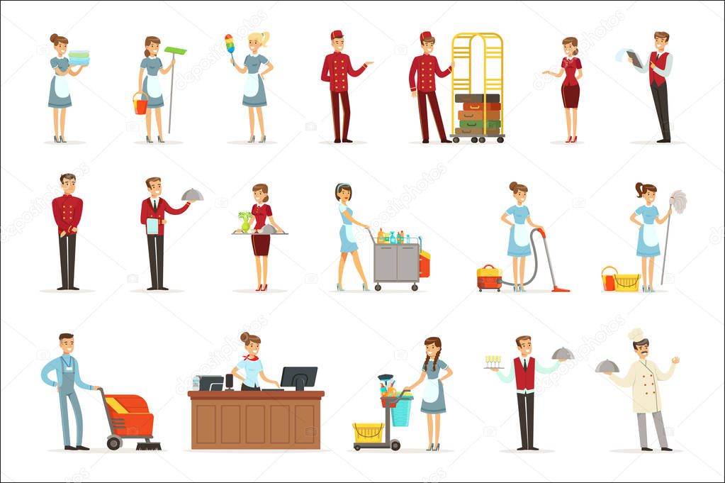 Hotel staff set for label design. Colorful cartoon detailed Illustrations