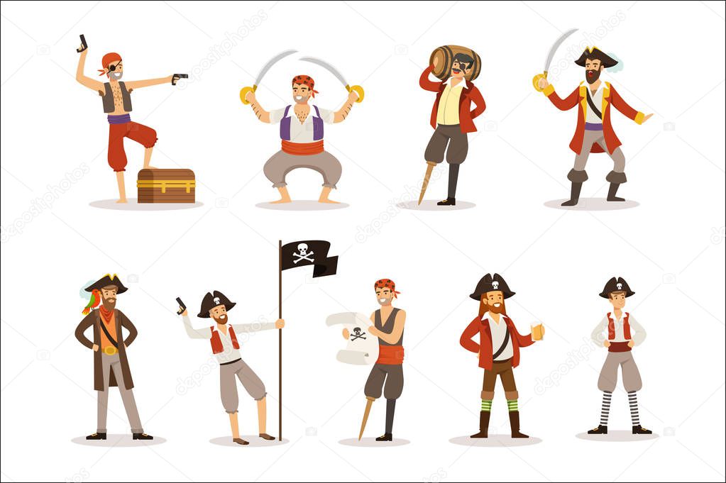 Pirate Sailors With Classic Filibusterer Attributes Set Of Smiling Male Characters With Guns And Sabers.