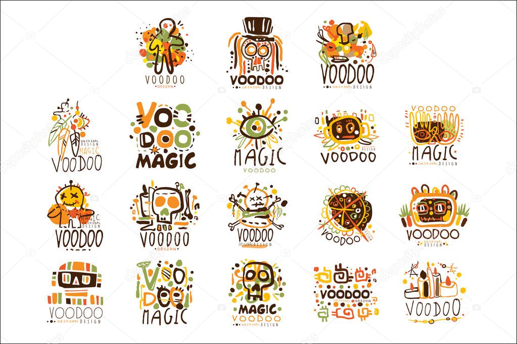 Voodoo African and American magic set for label design. Spiritual, magical, cultural vector Illustrations for stickers, banners, cards, advertisement, tags
