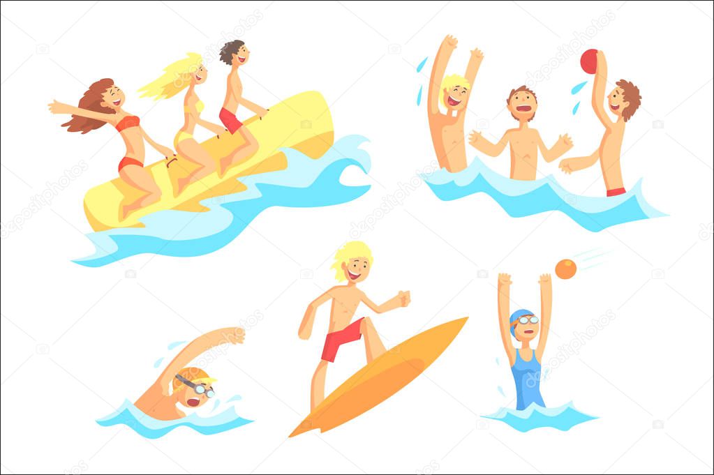 People On Summer Vacation At The Sea Playing And Having Fun With Water Sports On The Beach Series Of Illustrations
