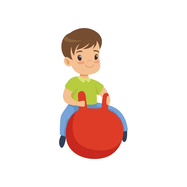 Cute little boy bouncing on red hopper ball vector Illustration on a white background — Stock Vector