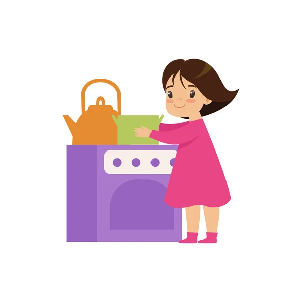 Dulce niña jugando con juguete cocina horno vector ilustración sobre un fondo blanco — Vector de stock