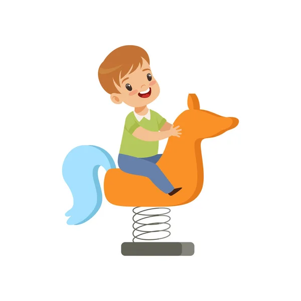 Niño montar a caballo de primavera ver sierra, niño divertirse en el vector del patio de recreo Ilustración sobre un fondo blanco — Archivo Imágenes Vectoriales