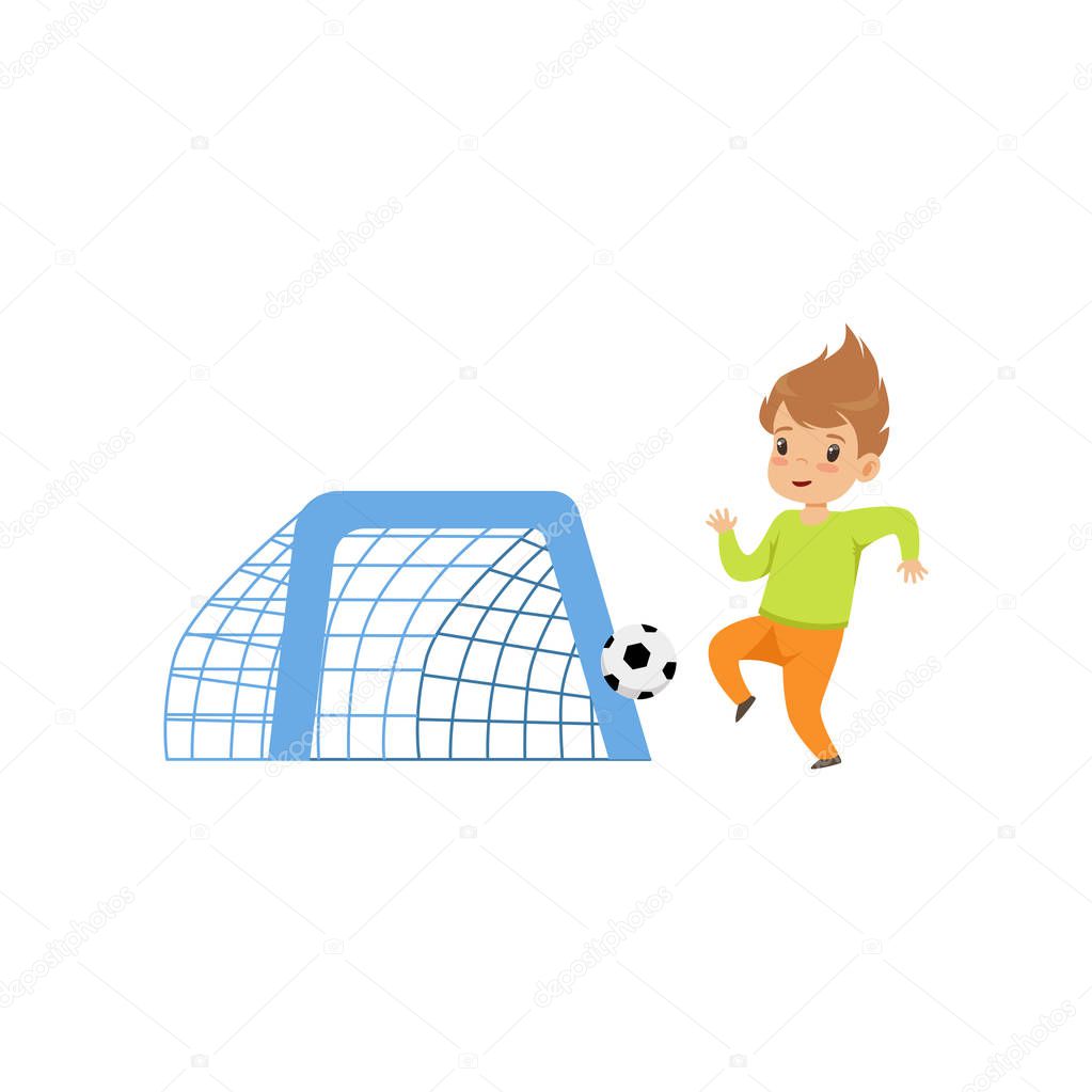 Cute littlle boy playing football, kid having fun on playground vector Illustration on a white background