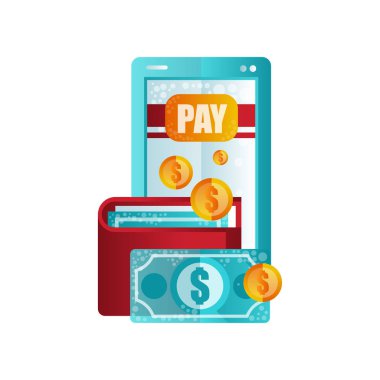 Modern smartphone ve m-cüzdan, çevrimiçi bankacılık, alışveriş, e ticaret kavramı düz vektör çizim beyaz bir arka plan üzerinde mobil ödeme,