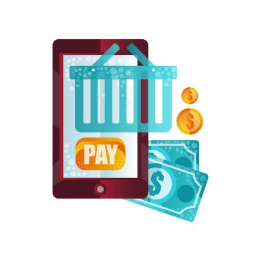 Uygulama, online alışveriş, e ticaret kavramı düz vektör çizim üzerinde beyaz bir arka plan ile online ödeme ile satın alınan ödeme