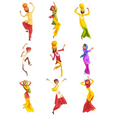 Indian man and woman in traditional clothes dancing folk dance set vector Illustrations on a white background clipart