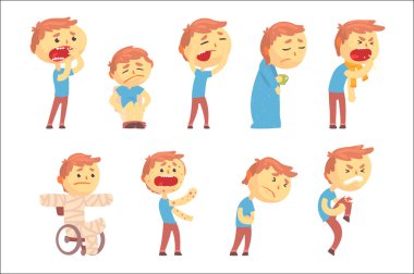 Hasta insanlara acı ve hastalıkları olan kişiler kümesi. Renkli çizgi film karakterleri çizimler vektör