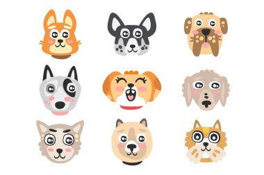 Komik karikatür köpek kafaları kümesi. Köpekler farklı doğurmak renkli karakter çizimler vektör