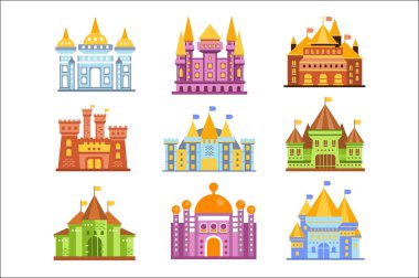 Peri masalı kale ve kale. Renkli Ortaçağ binaları topluluğu vektör çizimler
