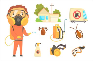 Ekipman ve ürünler ile turuncu kimyasal koruyucu kıyafetli böceklerin Exterminators ayarlayın. Haşere kontrol Servisi karikatür renkli çizimler